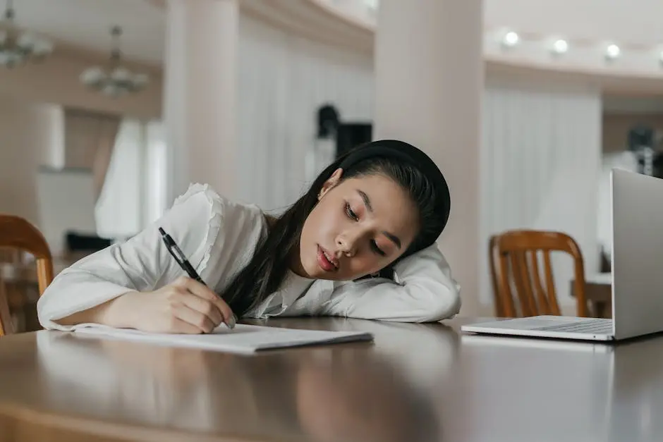 A focused Asian woman writing notes during study session with a laptop.