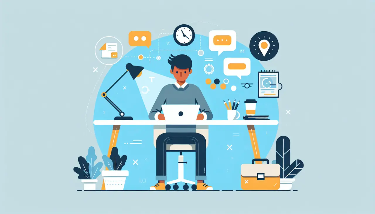 Draw a graphic in flat design style. Illustrate a modern app designer at a desk with a laptop, surrounded by icons representing creativity, user feedback, and collaboration in a minimalist flat design style.