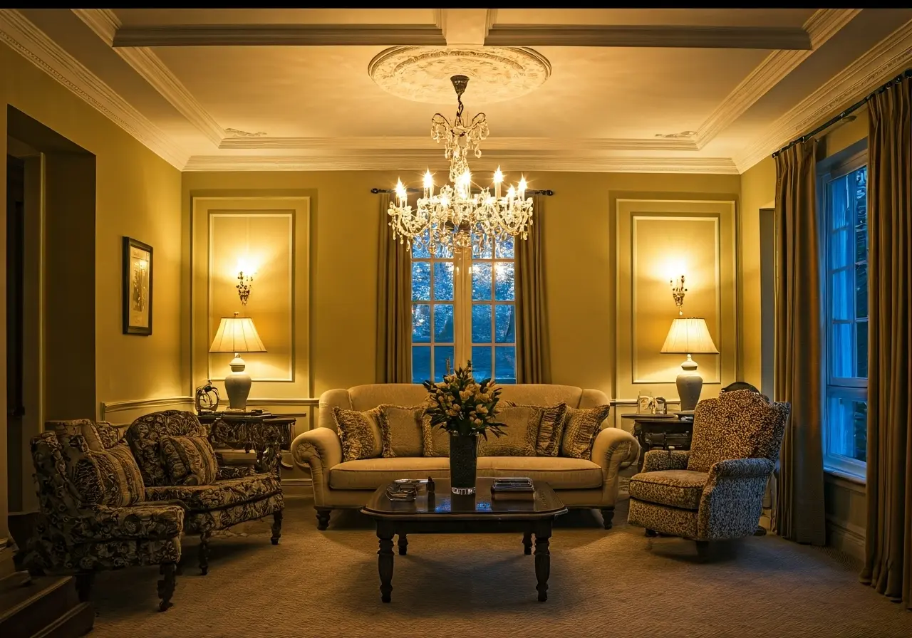 A cozy living room with crystal chandelier illuminating softly. 35mm stock photo