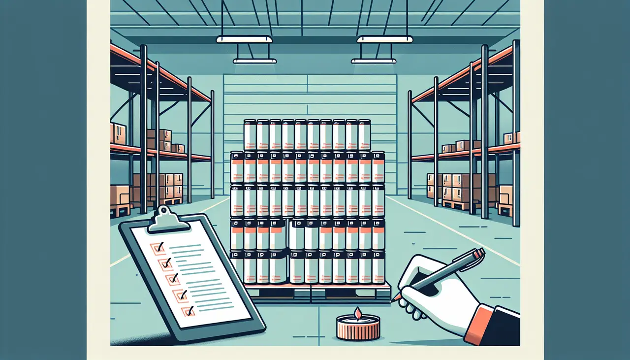 Draw a graphic in flat design style. A minimalist flat design illustration of a stack of lighter fluid cans in a warehouse setting with a clipboard and checklist beside them.
