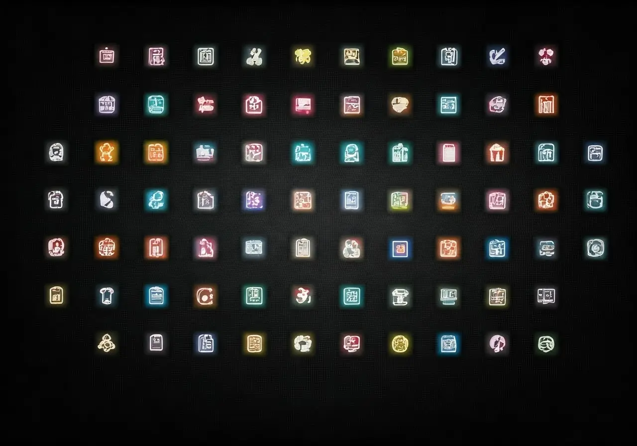 A diverse collection of colorful technology icons on a screen. 35mm stock photo