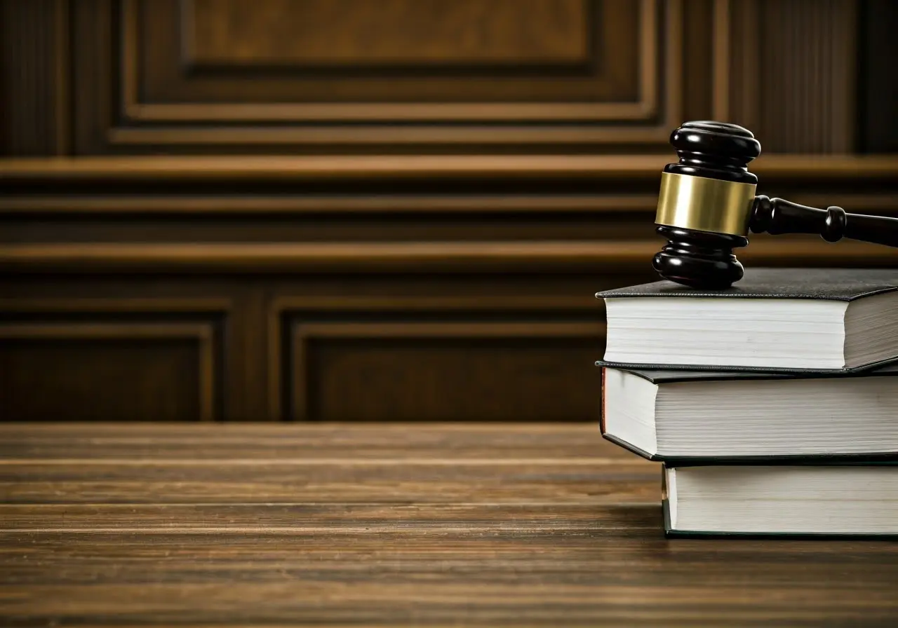 Gavel and legal books on wooden courtroom desk. 35mm stock photo
