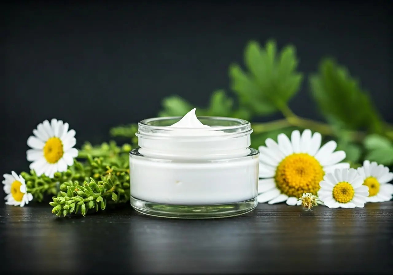 A glass jar with herbal cream surrounded by fresh plants. 35mm stock photo