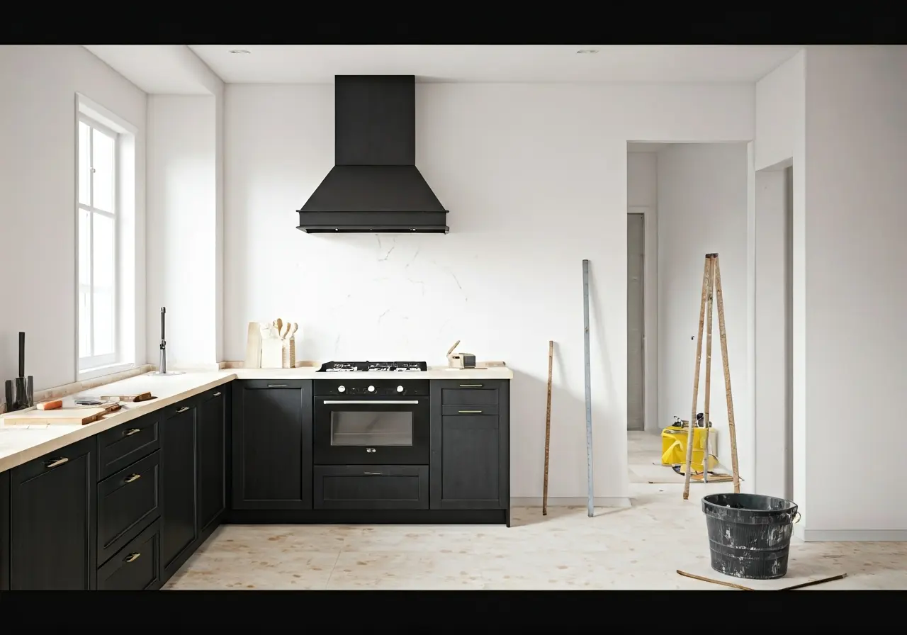 A modern kitchen under renovation with tools and materials. 35mm stock photo