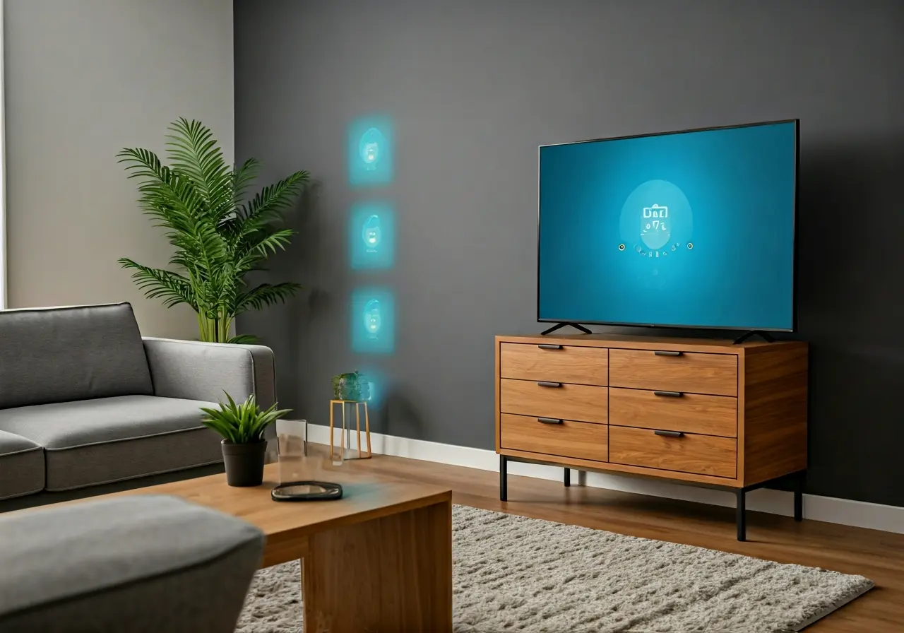 A modern living room showcasing automated smart home devices and features. 35mm stock photo