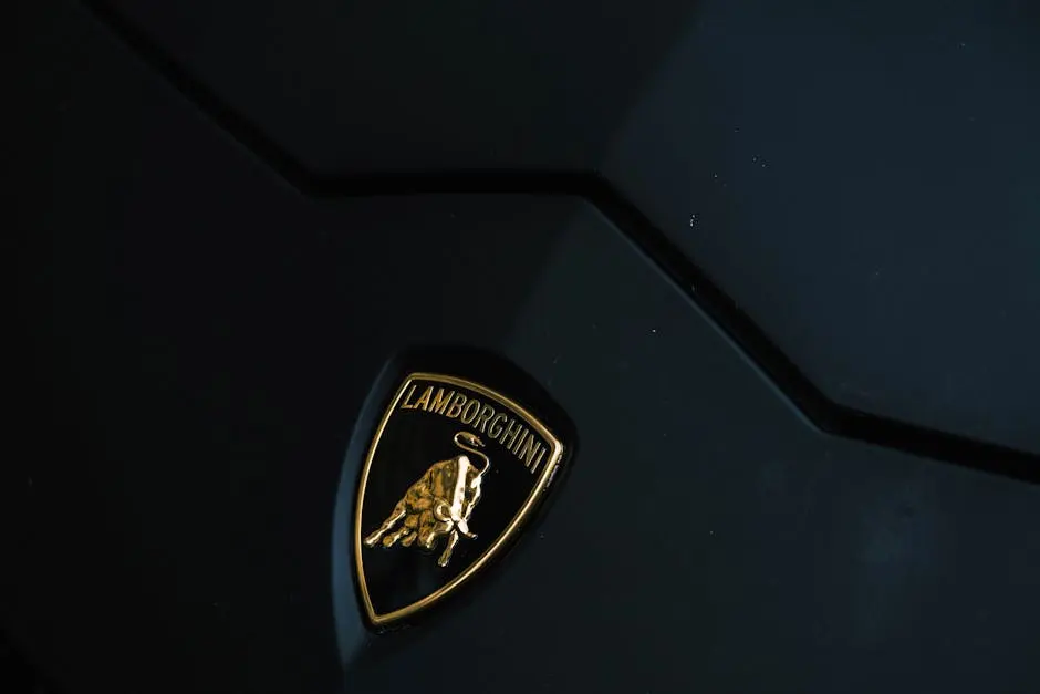 Detailed close-up of a Lamborghini car emblem on a sleek, dark hood.