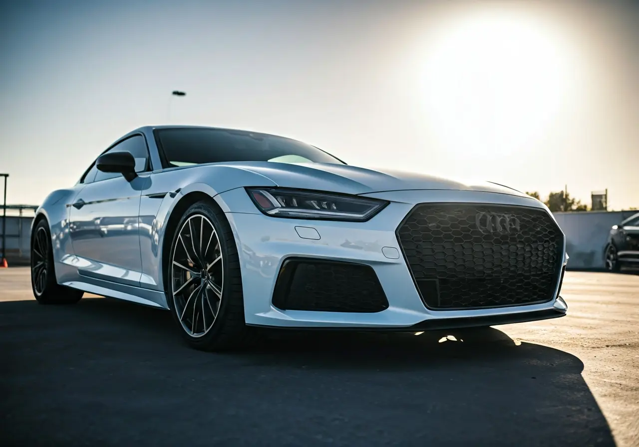A pristine car reflecting sunlight after a professional detailing. 35mm stock photo