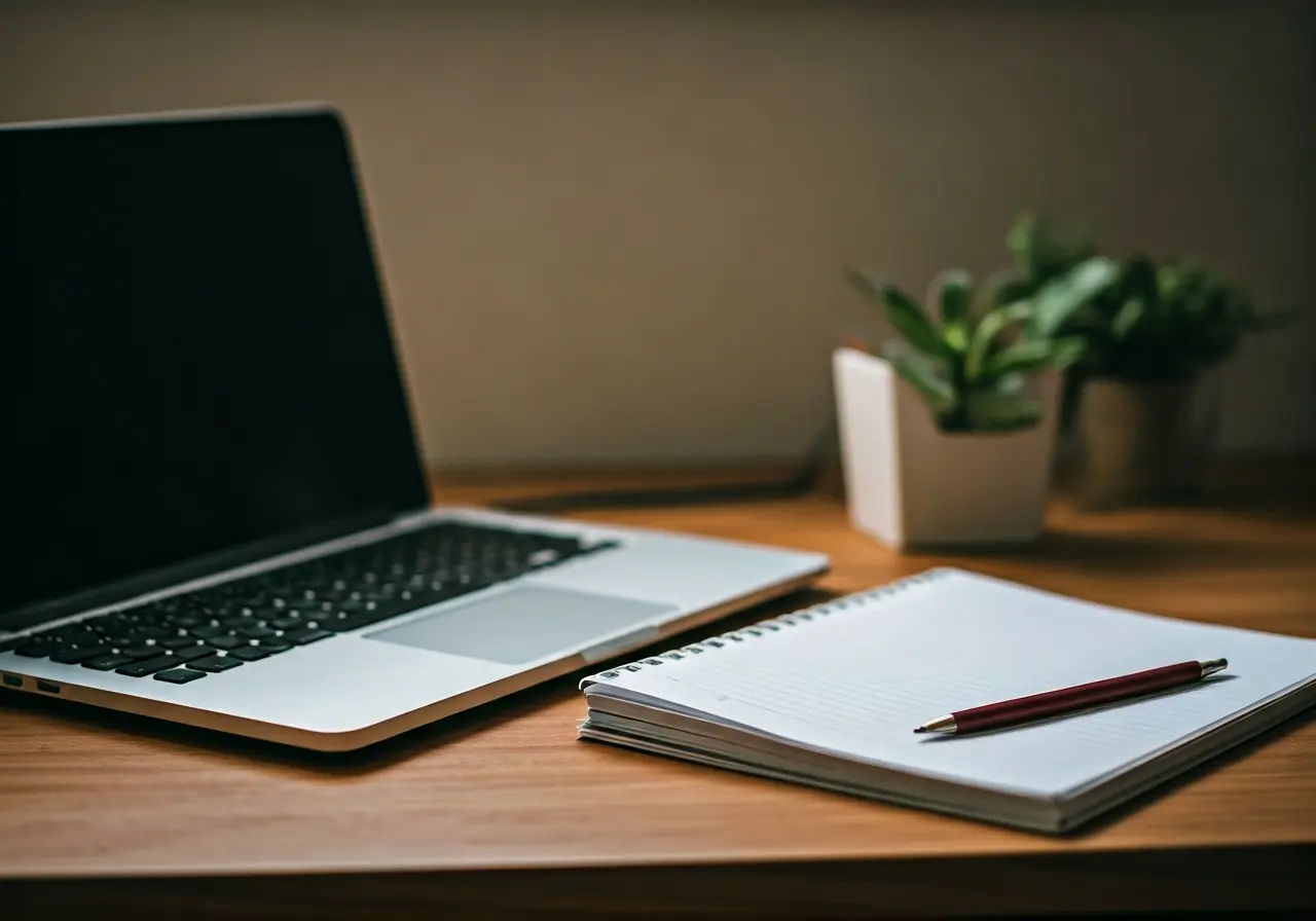 A laptop and notepad on a clutter-free wooden desk. 35mm stock photo