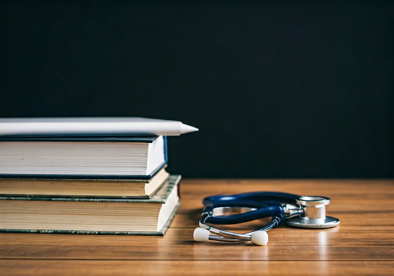 Laptop, textbooks, and stethoscope on a wooden desk. 35mm stock photo
