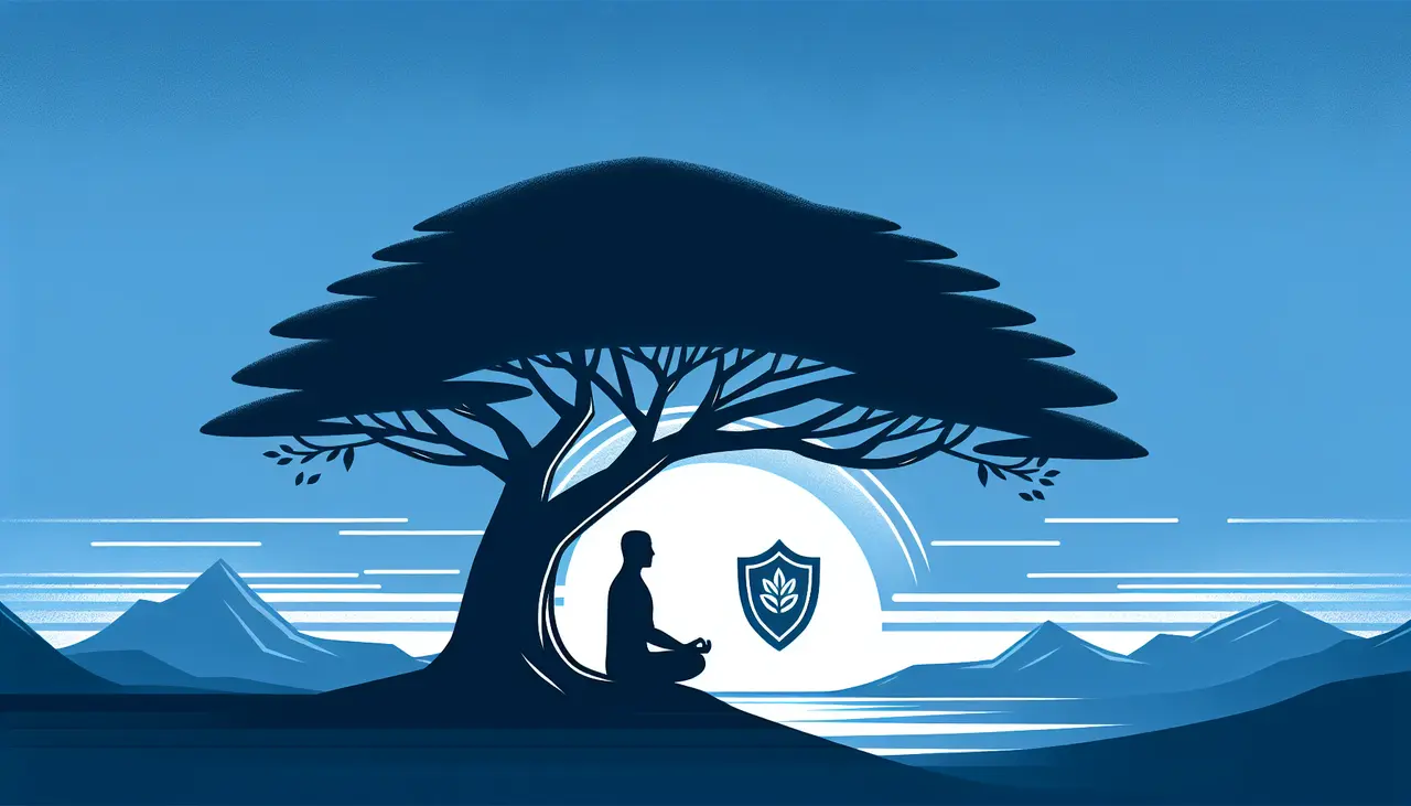 Draw a graphic in flat design style. A serene landscape with a calm blue sky, a tranquil figure sitting under a large tree, and a subtle shield symbol in the background to represent protection and peace of mind.