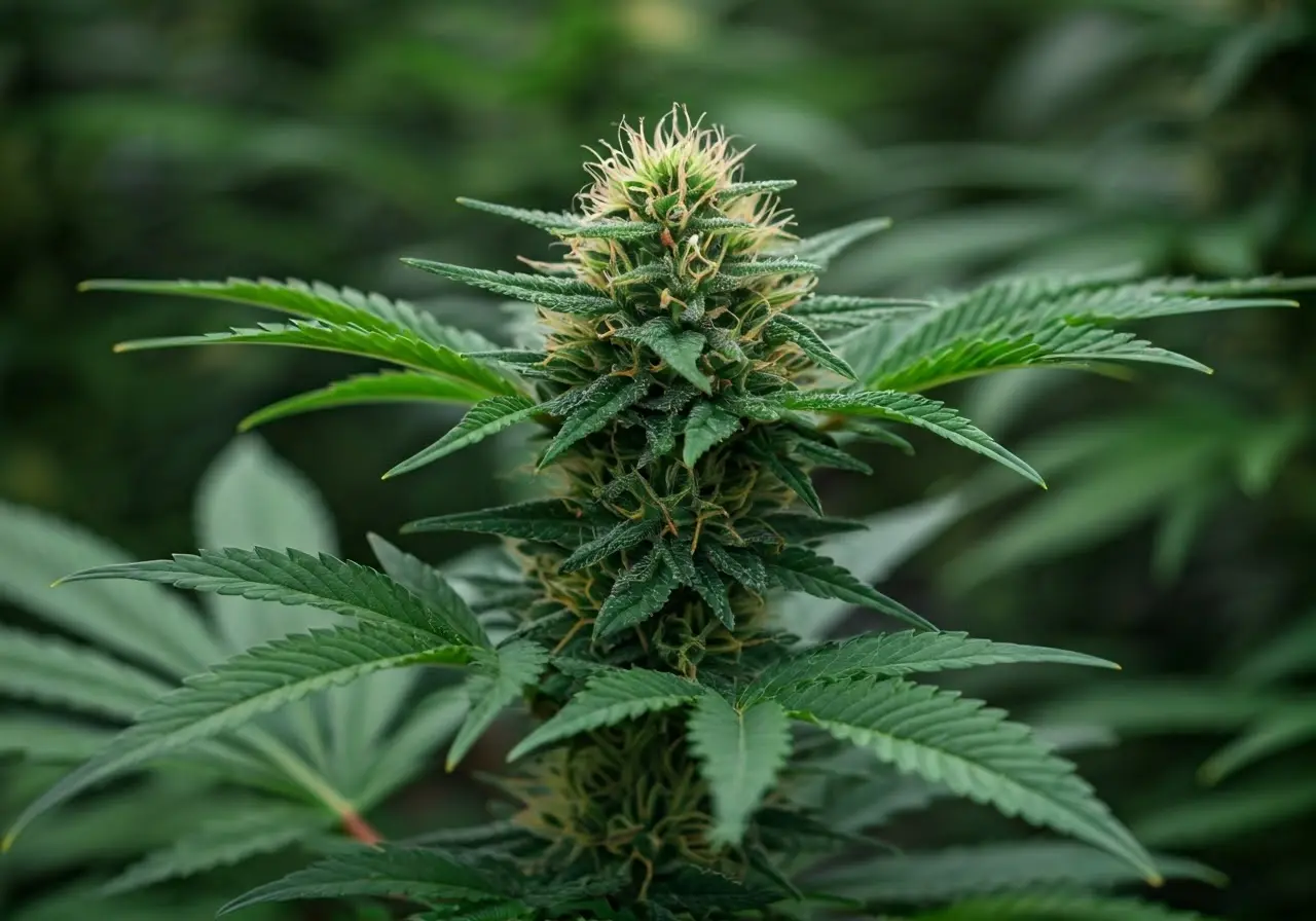 A close-up of cannabis plants in a greenhouse. 35mm stock photo