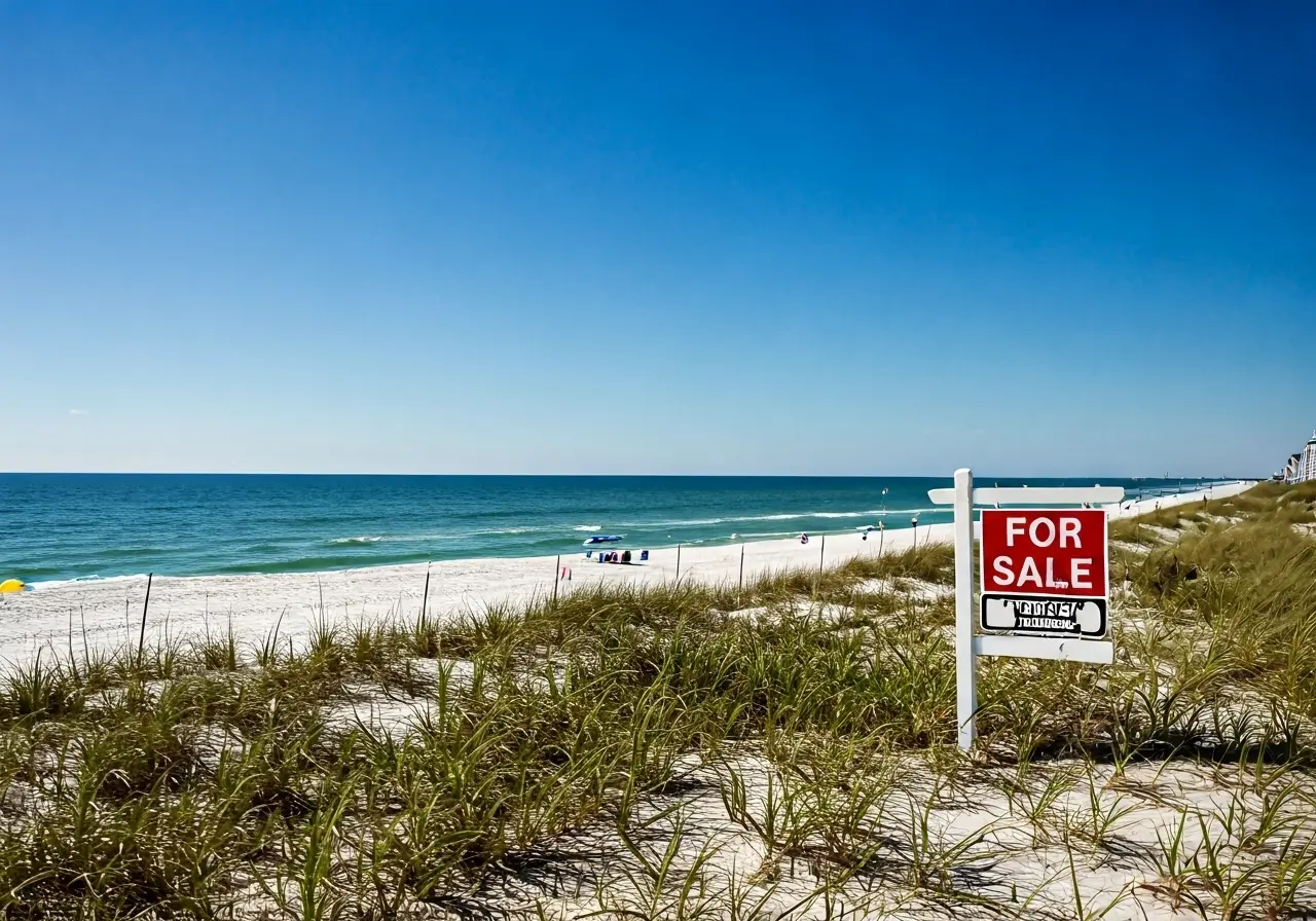 A beachside view in Myrtle Beach with a for-sale sign. 35mm stock photo