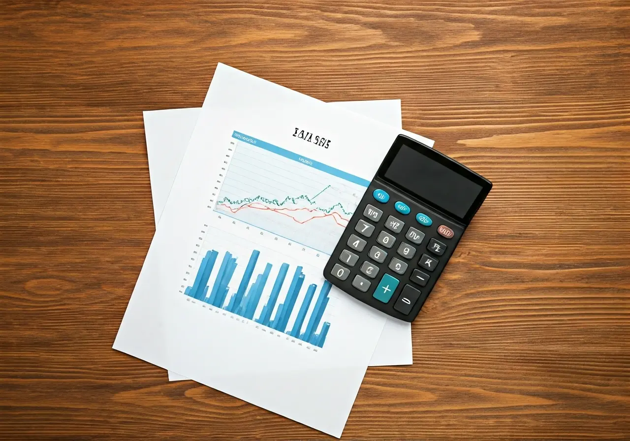 A calculator and financial charts on a wooden desk. 35mm stock photo