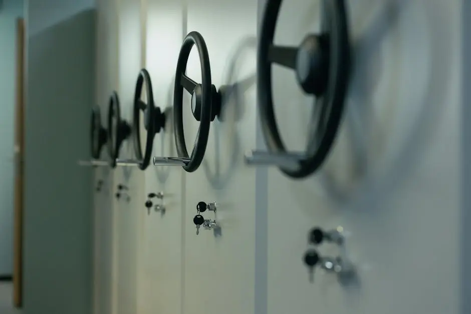 Close-up of industrial safes with manual locks and keys, highlighting security features.