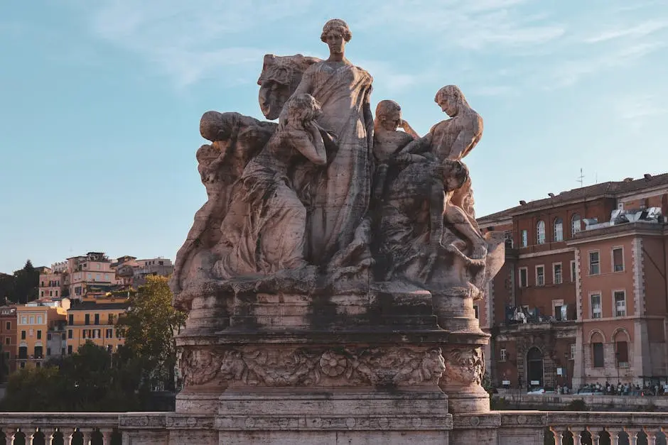 Intricate marble sculptures in Rome, Italy, showcasing classical artistry in a vibrant urban setting.