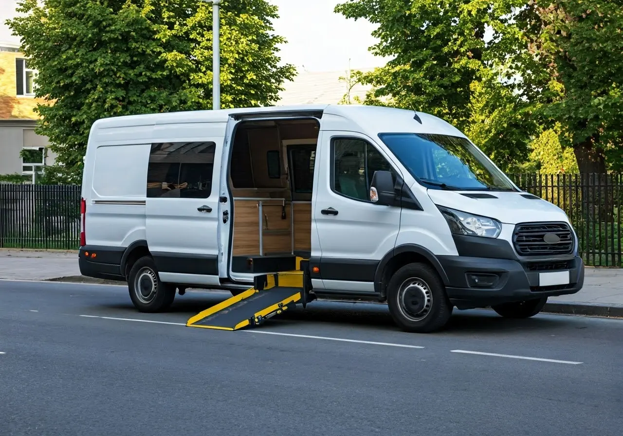 A van equipped with a wheelchair ramp on city street. 35mm stock photo