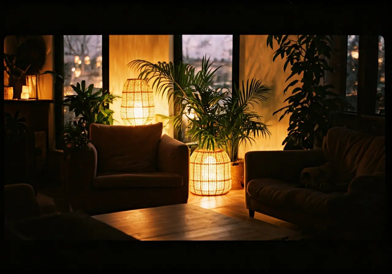 A cozy, welcoming living room with soft lighting and plants. 35mm stock photo