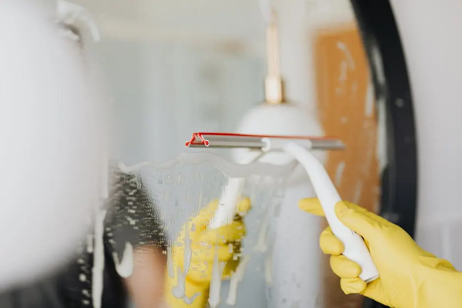 Person using a squeegee to clean a foamy bathroom mirror indoors.