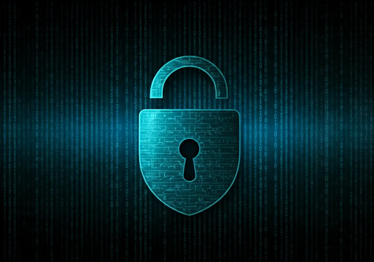 A digital lock overlaying a background of binary code. 35mm stock photo