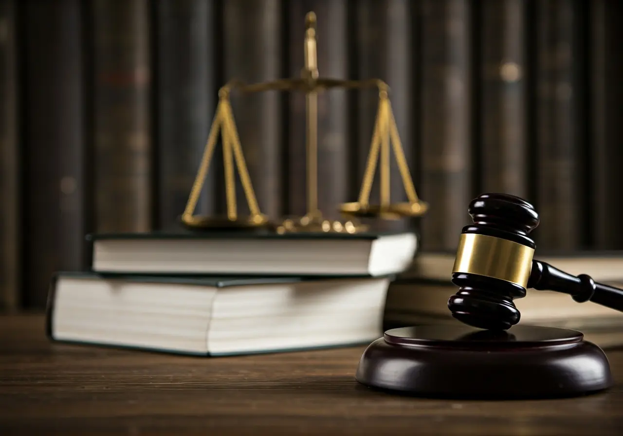 Scales of justice in front of law books and gavel. 35mm stock photo