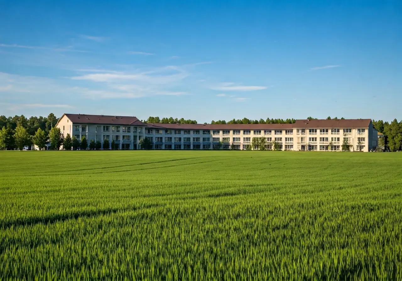 A serene landscape with a peaceful rehabilitation center in view. 35mm stock photo