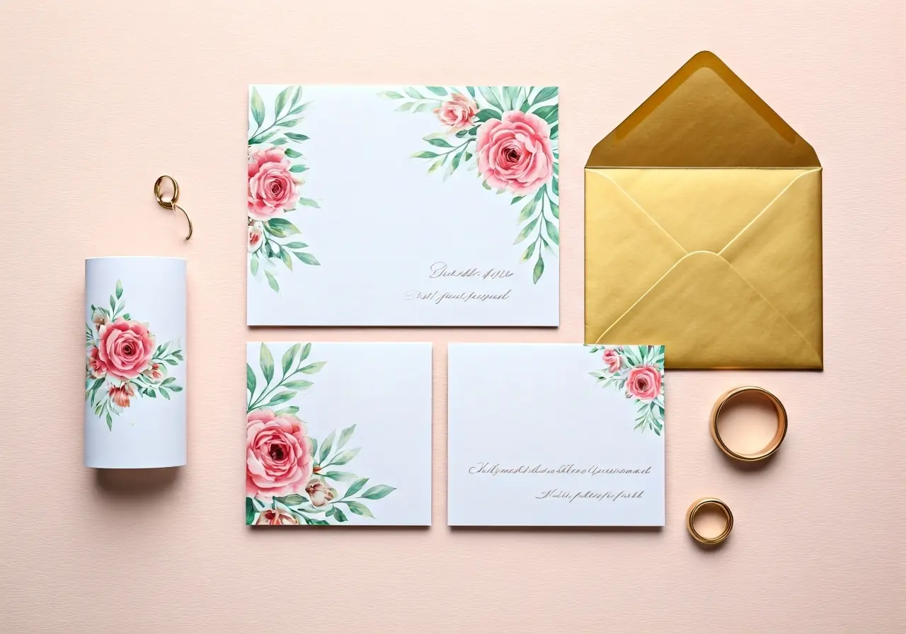 Elegant stationery set with floral designs and a golden envelope. 35mm stock photo