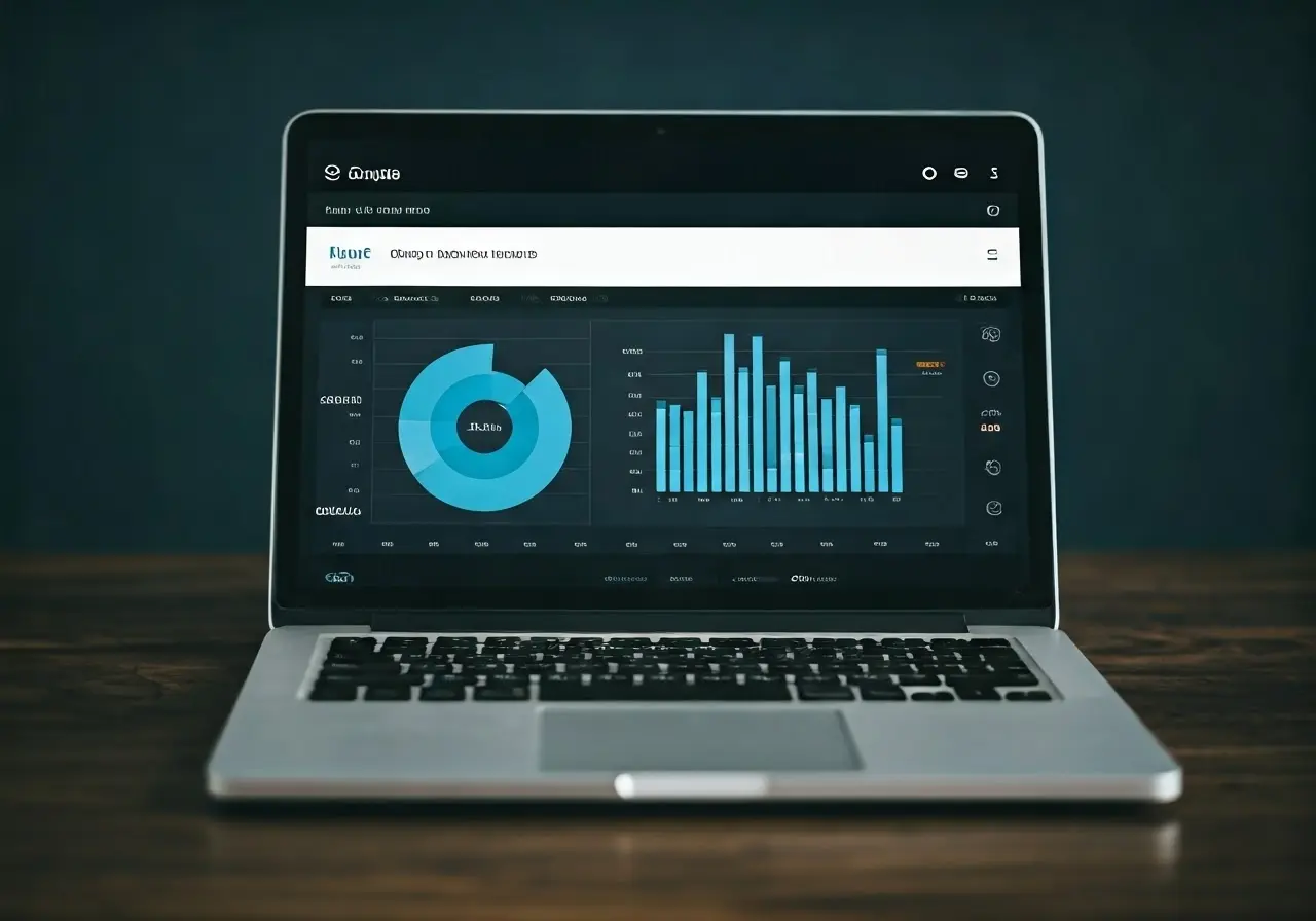 A digital dashboard showing analytics and graphs on a laptop. 35mm stock photo
