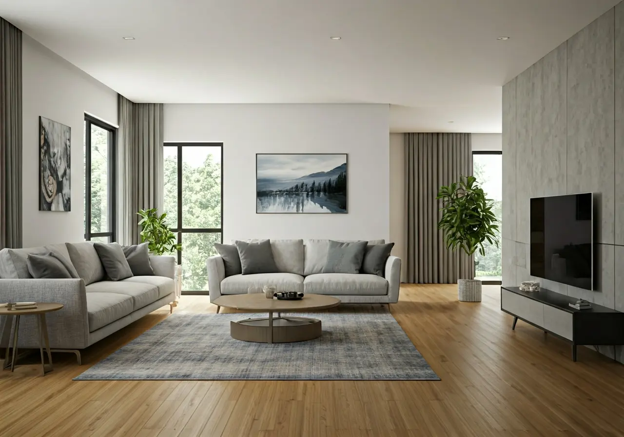 Sleek modern living room with integrated smart home technology. 35mm stock photo