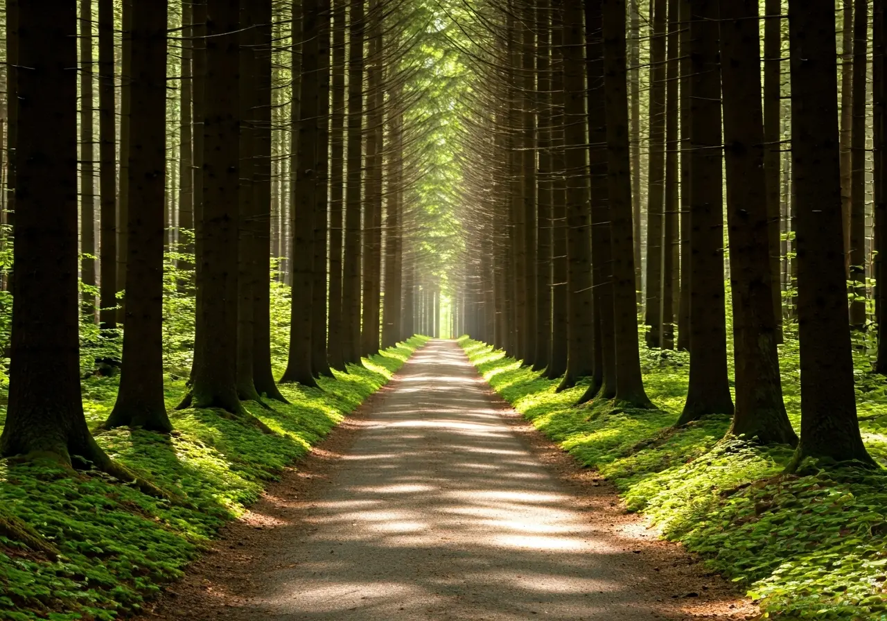 A serene forest path symbolizing relief and pain-free living. 35mm stock photo