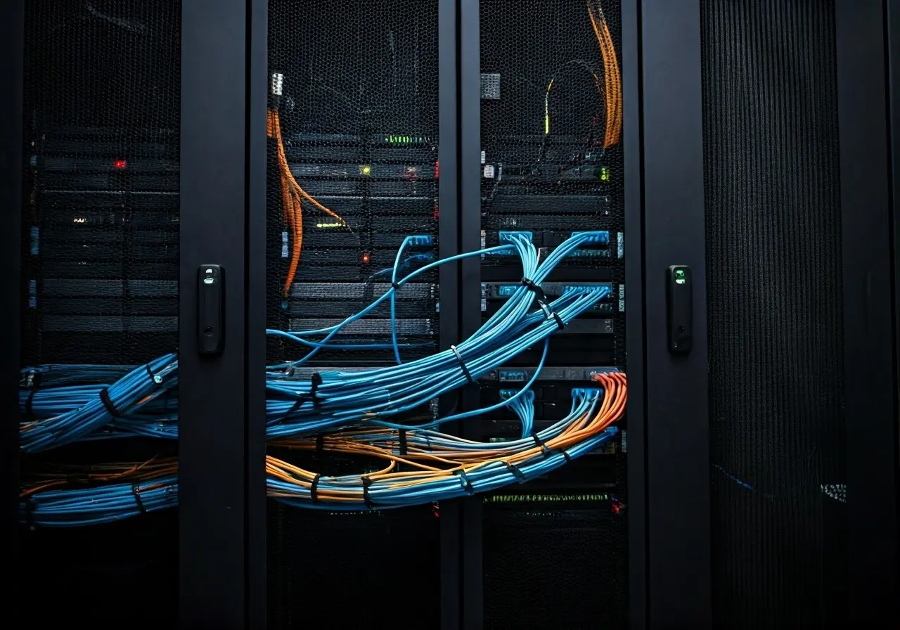 A sleek server room with glowing network cables. 35mm stock photo