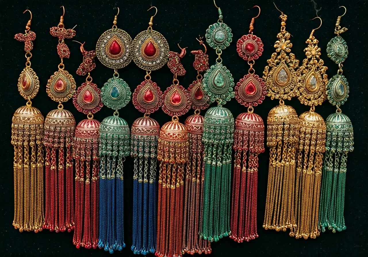 A collection of colorful, handmade Indian earrings on display. 35mm stock photo
