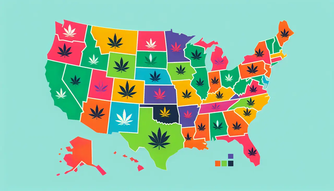 Draw a graphic in flat design style. A flat design illustration of a map of the United States with different states highlighted in various colors, representing the legality status of Delta Munchies, next to a small representation of a cannabis leaf.