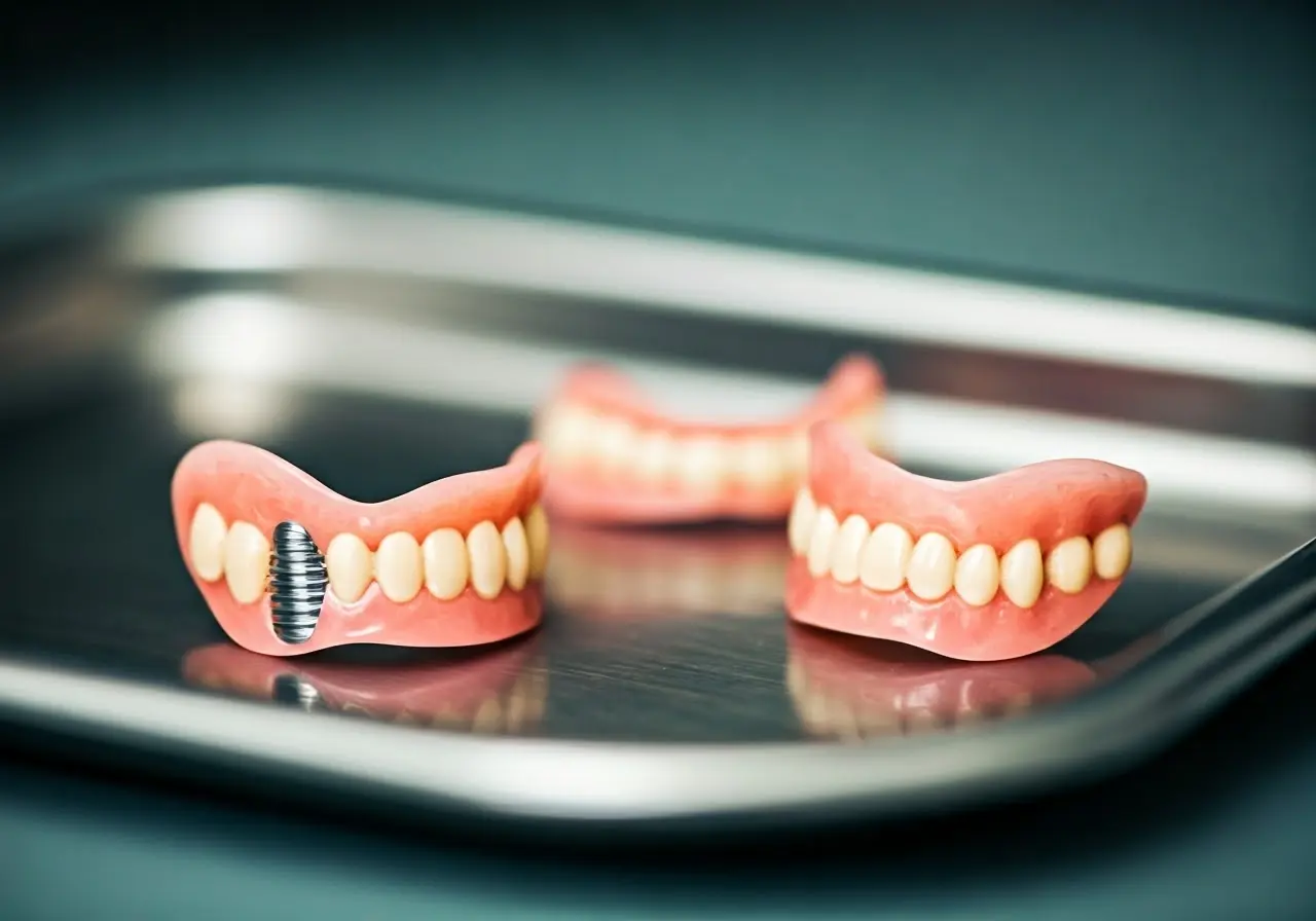 A set of implant-supported dentures displayed on a dentist’s tray. 35mm stock photo