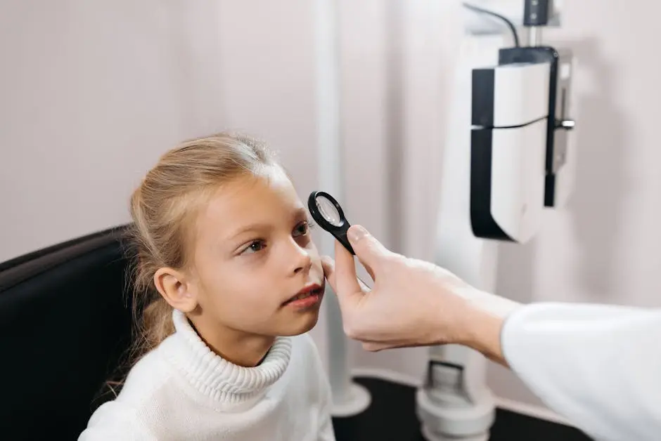 A young girl sitting in an ophthalmologist’s office having her eyes examined.