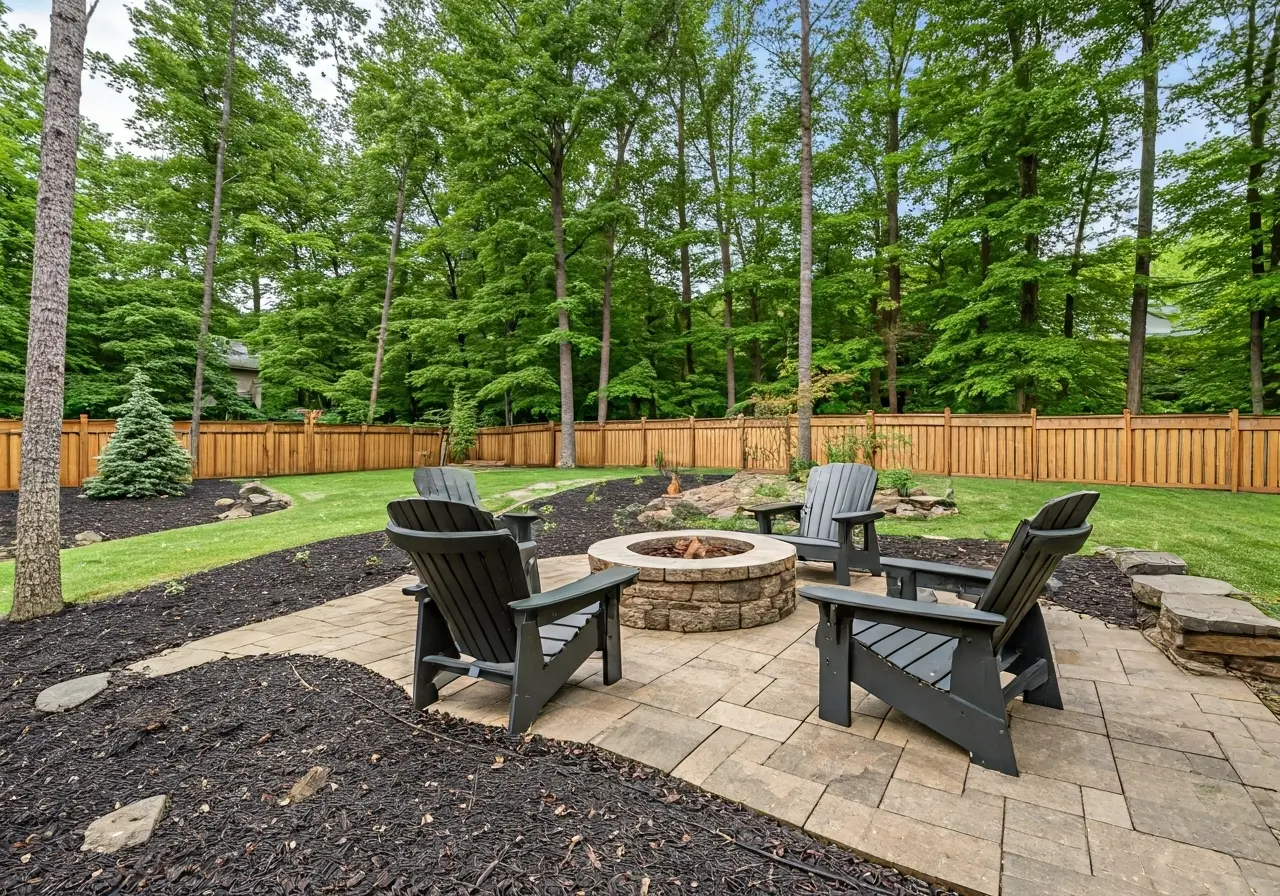 A beautifully landscaped backyard with a stone patio and firepit. 35mm stock photo
