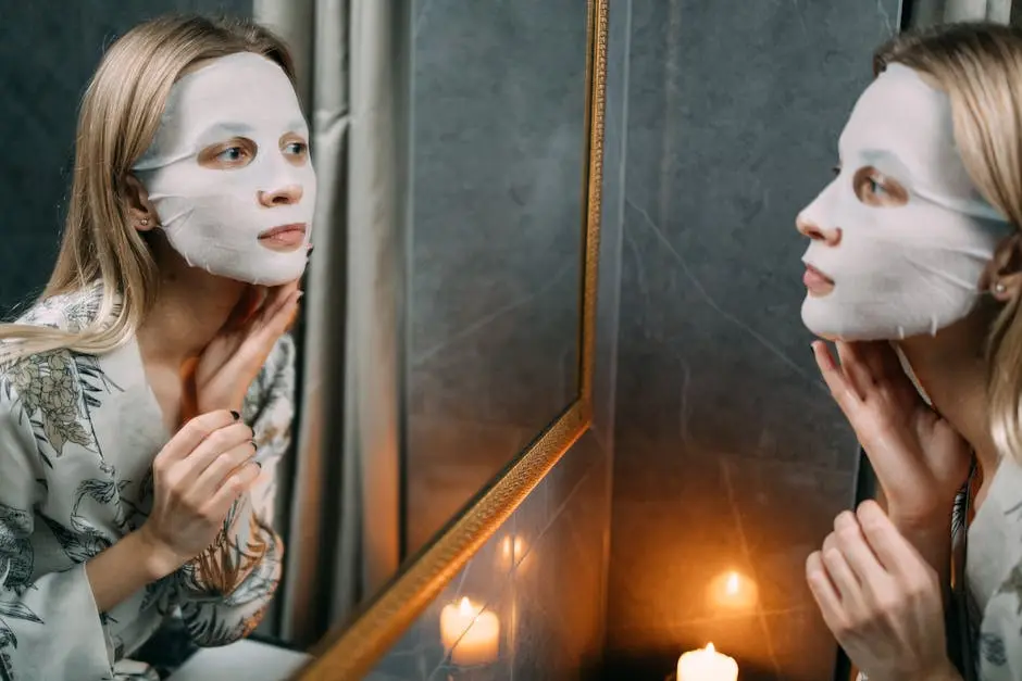 Woman applying a hydrating sheet mask while looking in the mirror, creating a serene and relaxing ambiance.