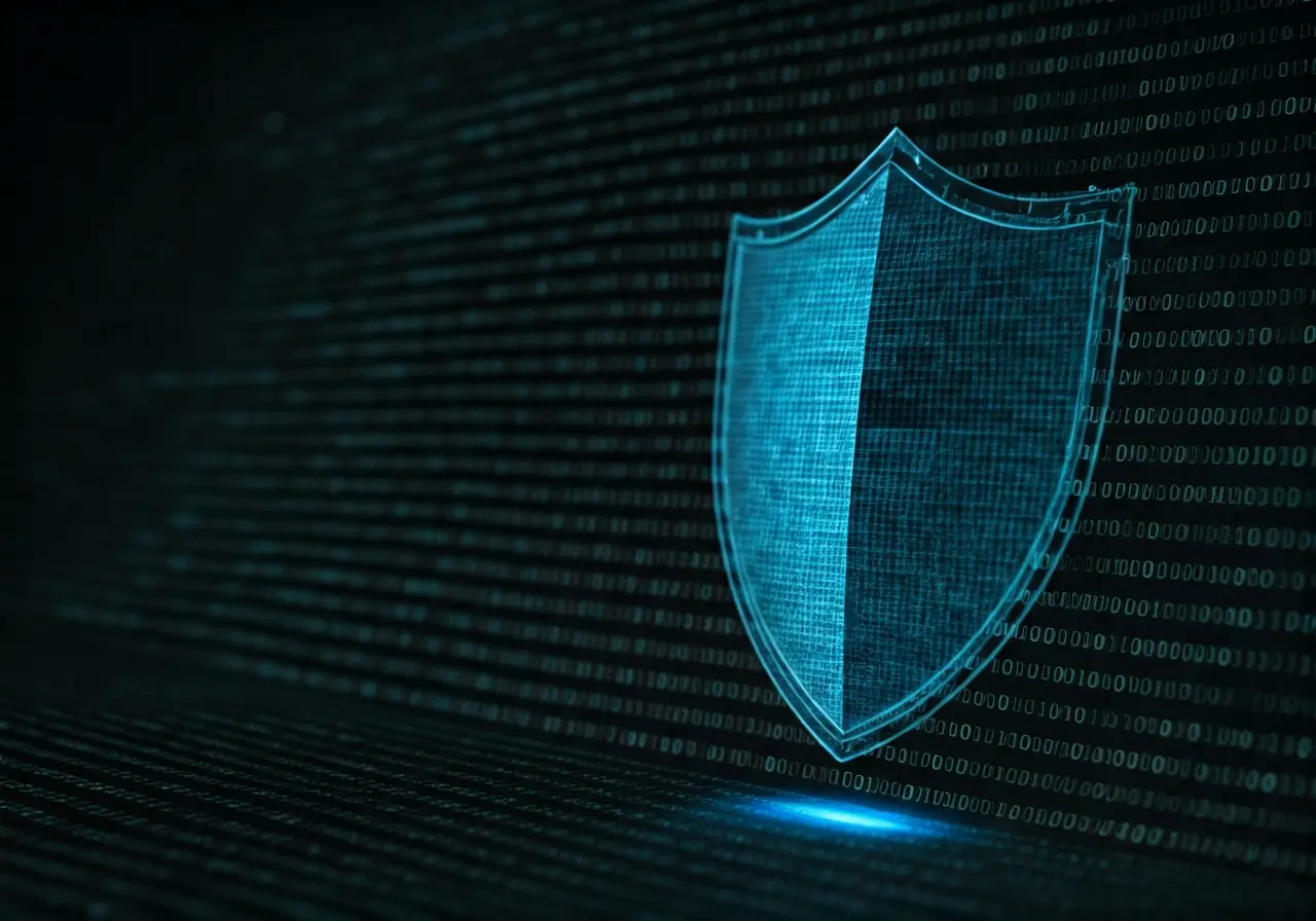 A digital shield protecting binary code on a glowing screen. 35mm stock photo