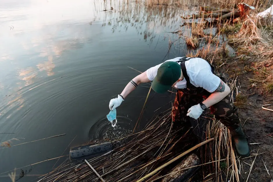 Volunteer collecting trash along a lake to promote environmental conservation.