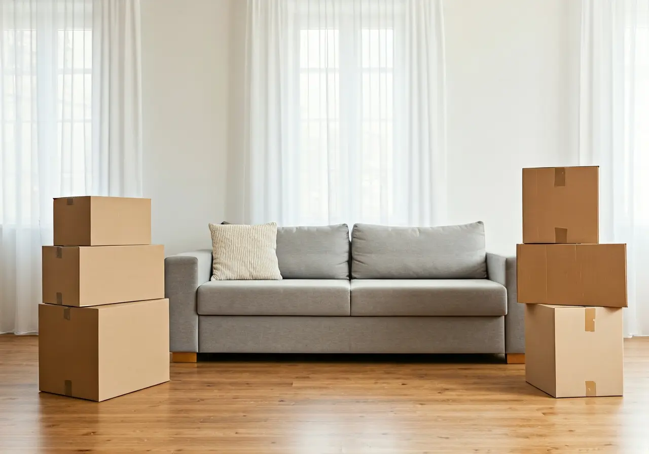 A serene living room with packed moving boxes neatly arranged. 35mm stock photo