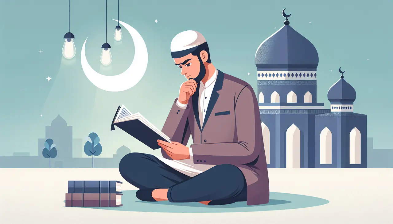 Draw a graphic in flat design style. A flat design illustration of a thoughtful Muslim scholar reading a life insurance policy, with a mosque and crescent moon in the background.