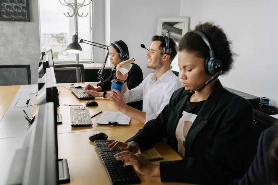 A diverse group of call center agents working together in a modern office setting.