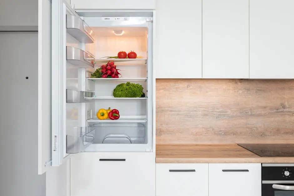 Open fridge in a sleek kitchen with fresh vegetables, perfect for healthy meals.