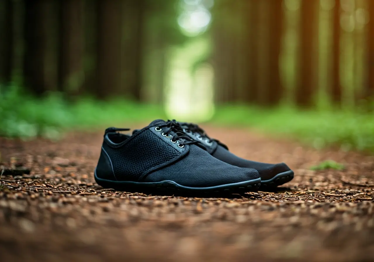 A pair of minimalist shoes on a natural forest path. 35mm stock photo