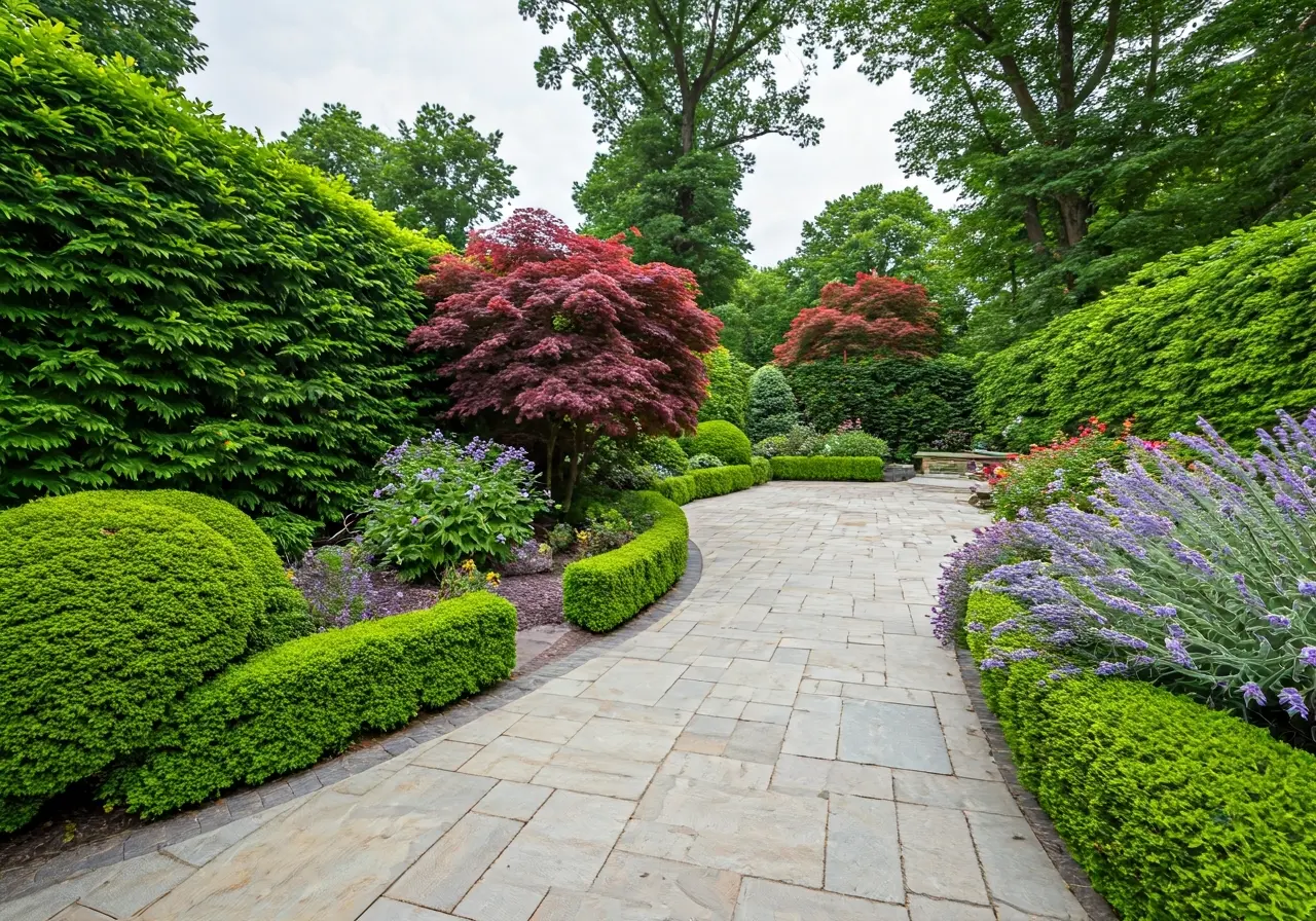 A beautifully landscaped garden with a stone patio and pathway. 35mm stock photo