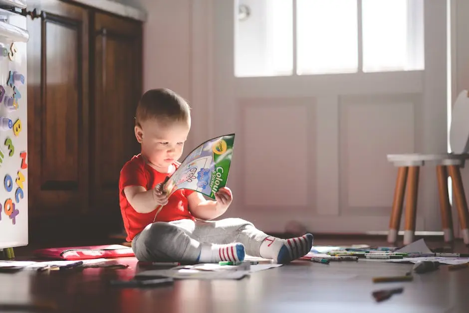 A toddler in a red t-shirt engrossed in reading a coloring book while sitting on the floor.