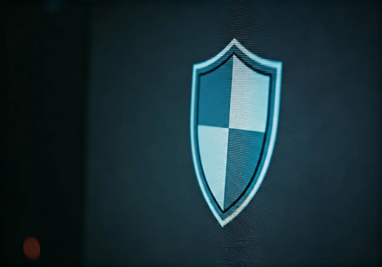 A close-up of a digital shield on a computer screen. 35mm stock photo