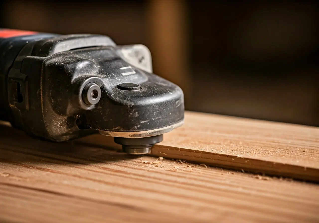 Close-up of an oscillating tool cutting through wood efficiently. 35mm stock photo