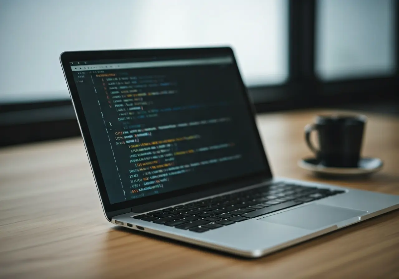 A laptop displaying code with modern startup office background. 35mm stock photo