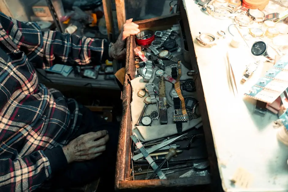 An artisan’s hand at a workshop opens a drawer filled with watches, showcasing detailed repair tools.