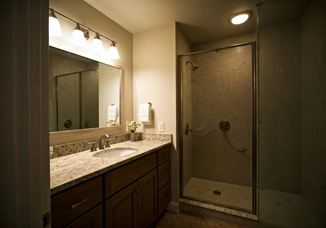 A newly renovated bathroom featuring modern fixtures and soft lighting. 35mm stock photo